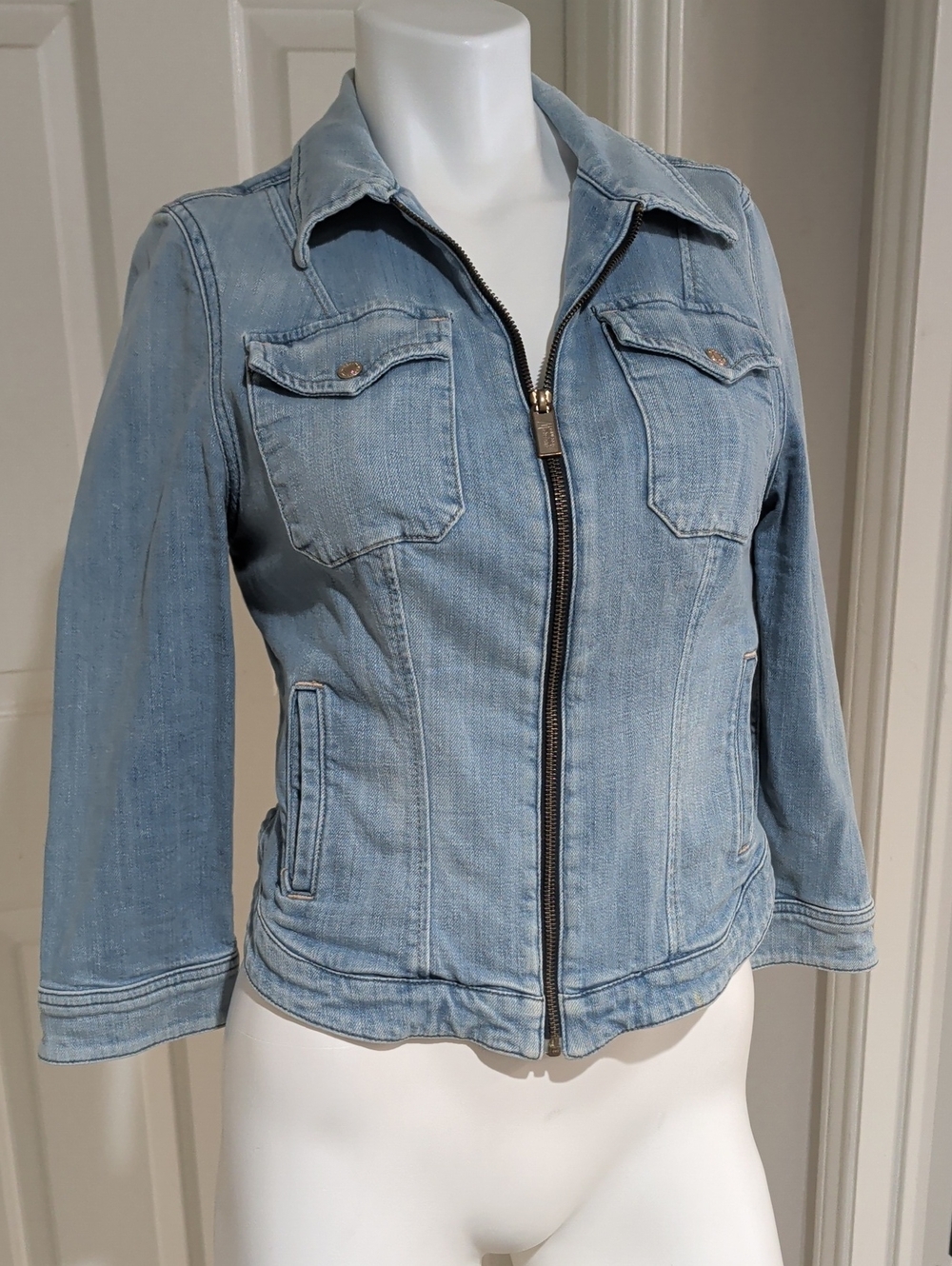 Guess By Merciano Tailored Light Blue Stretch Denim Zip Front Jacket Women's M